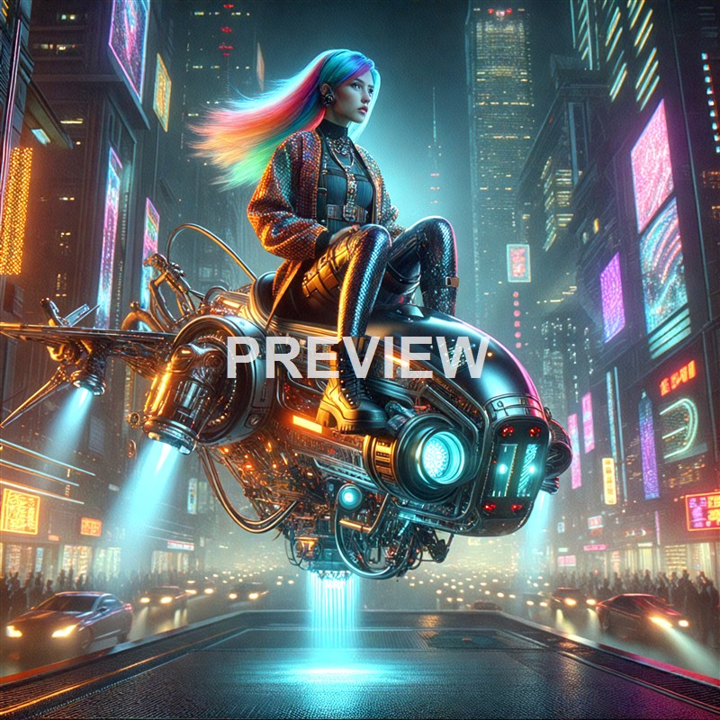 A futuristic scene featuring a woman with rainbow-colored hair sitting on a flying, high-tech vehicle in a neon-lit cityscape with tall skyscrapers and vibrant digital billboards.